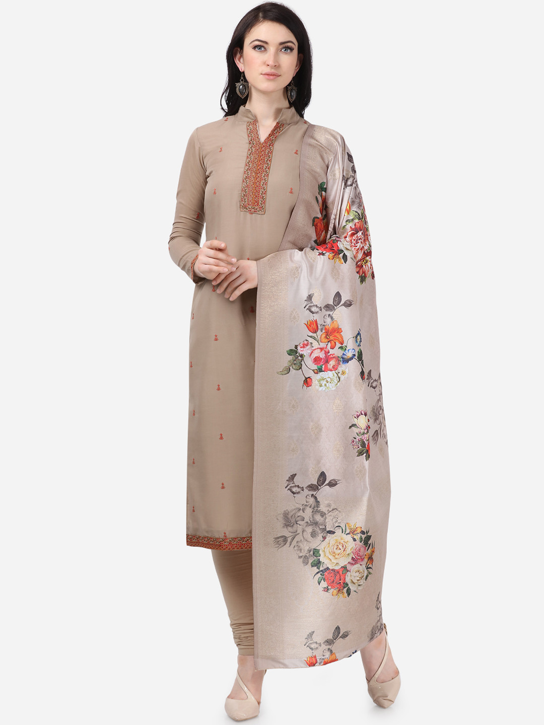 

DIVASTRI Beige Poly Silk Unstitched Dress Material