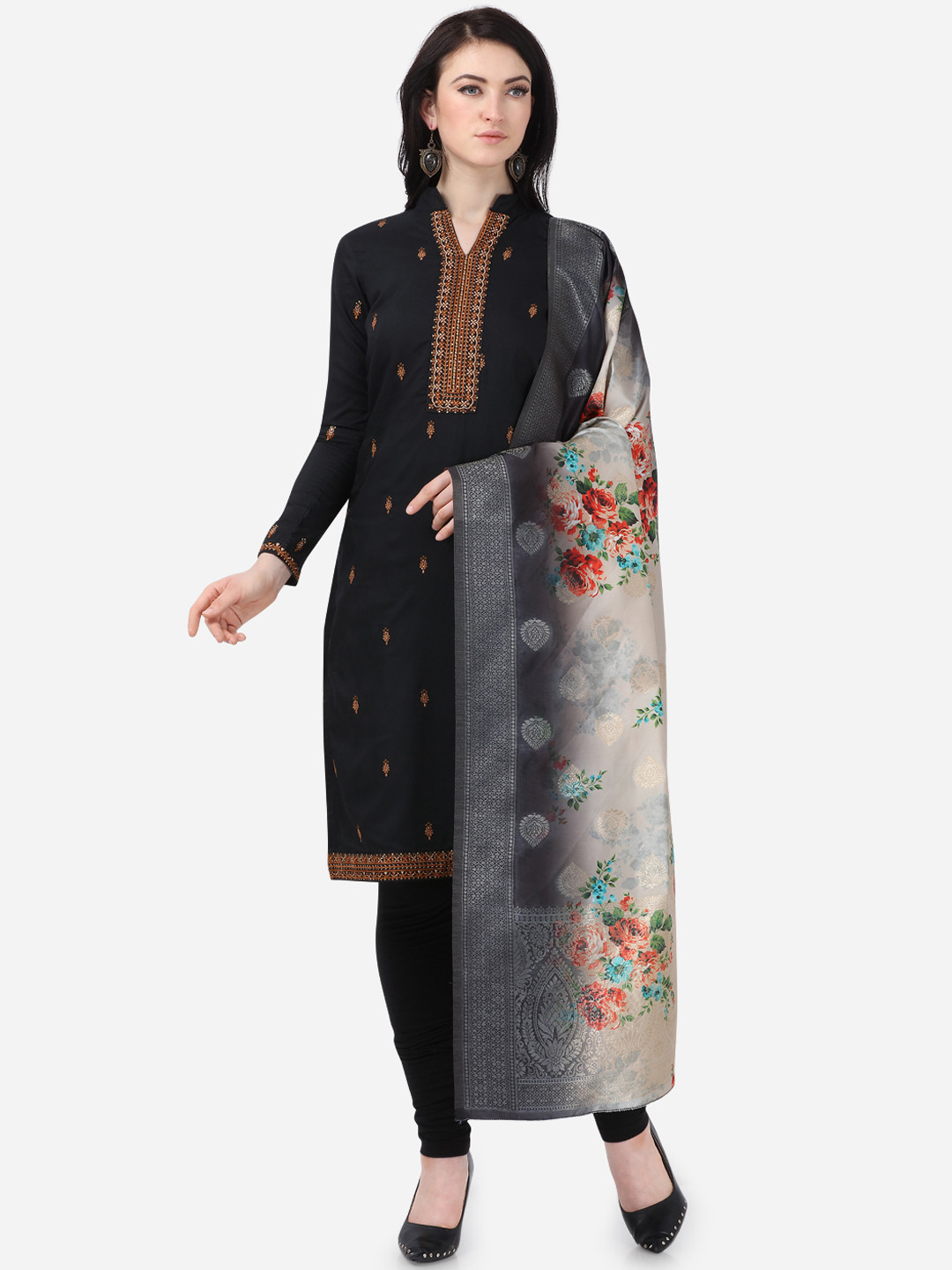 

DIVASTRI Black & Beige Poly Silk Unstitched Dress Material