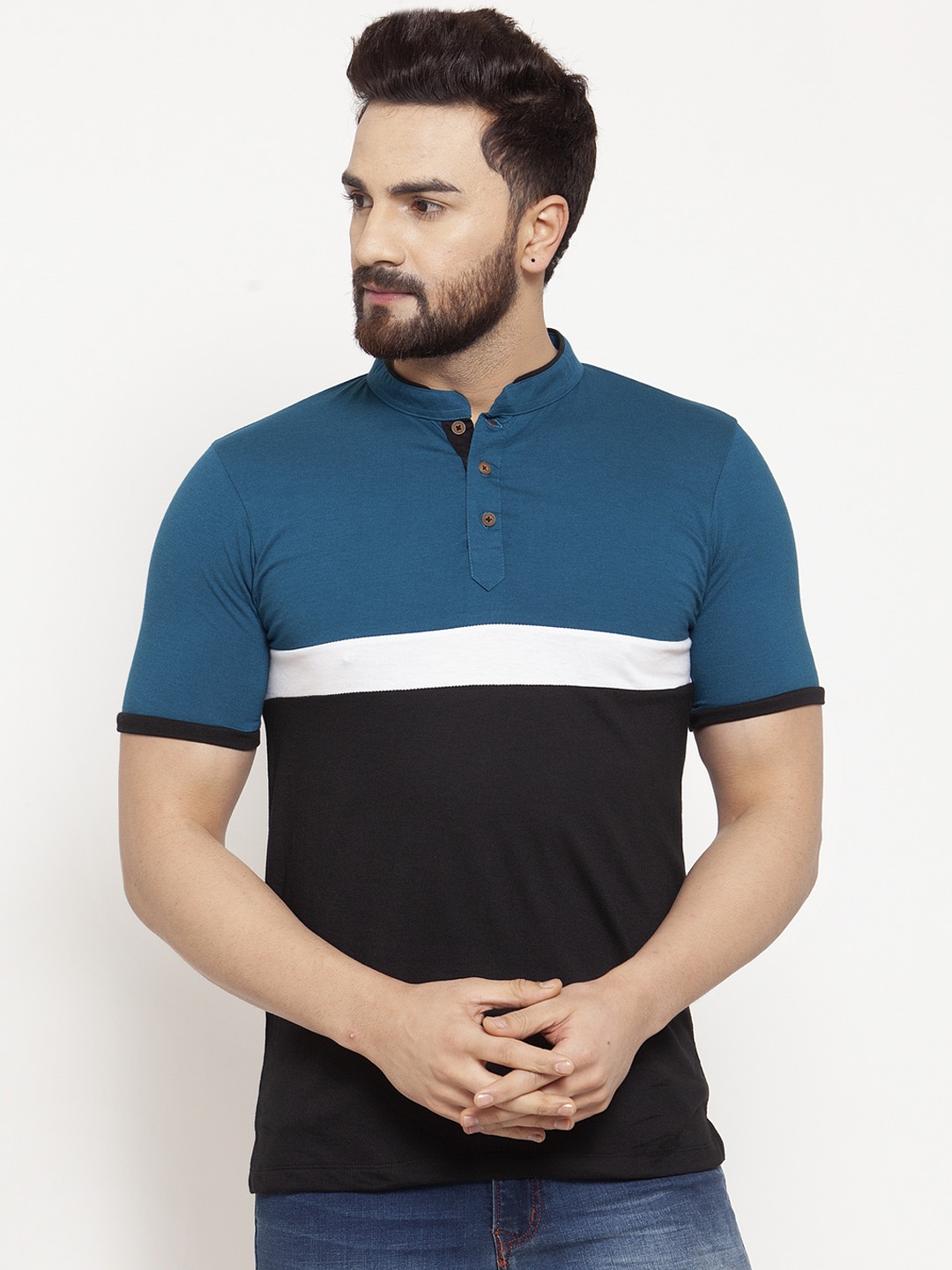 

Kalt Men Teal Colourblocked Mandarin Collar T-shirt