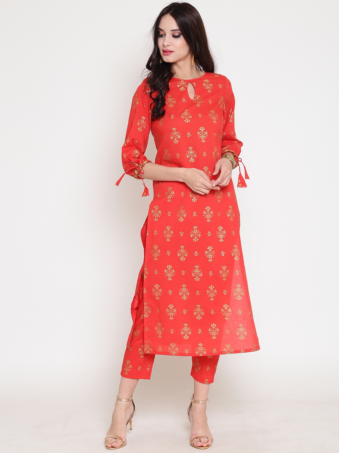 Sera Women Red & Gold-Toned Printed Straight Kurta