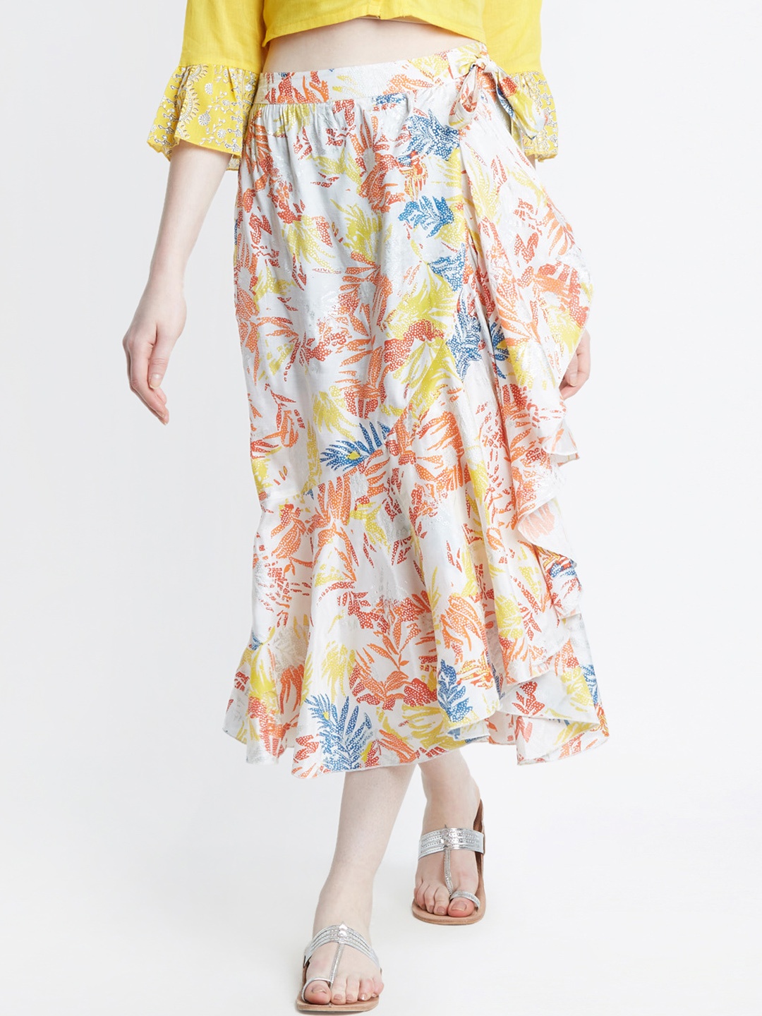 

AKKRITI BY PANTALOONS Women White & Orange Printed Silk Wrap Midi Skirt