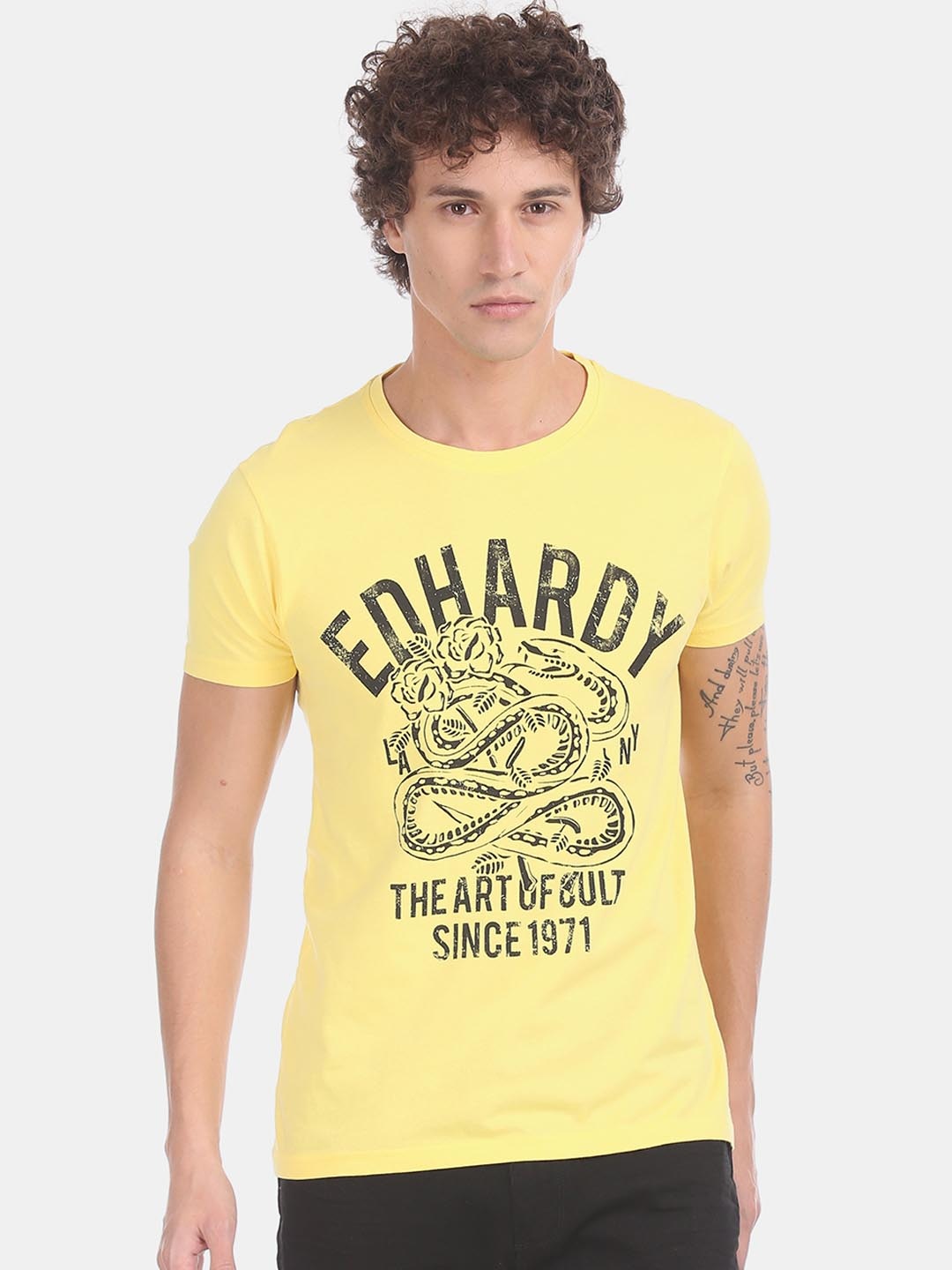 

Ed Hardy Men Yellow Black Printed Round Neck Pure Cotton T-shirt