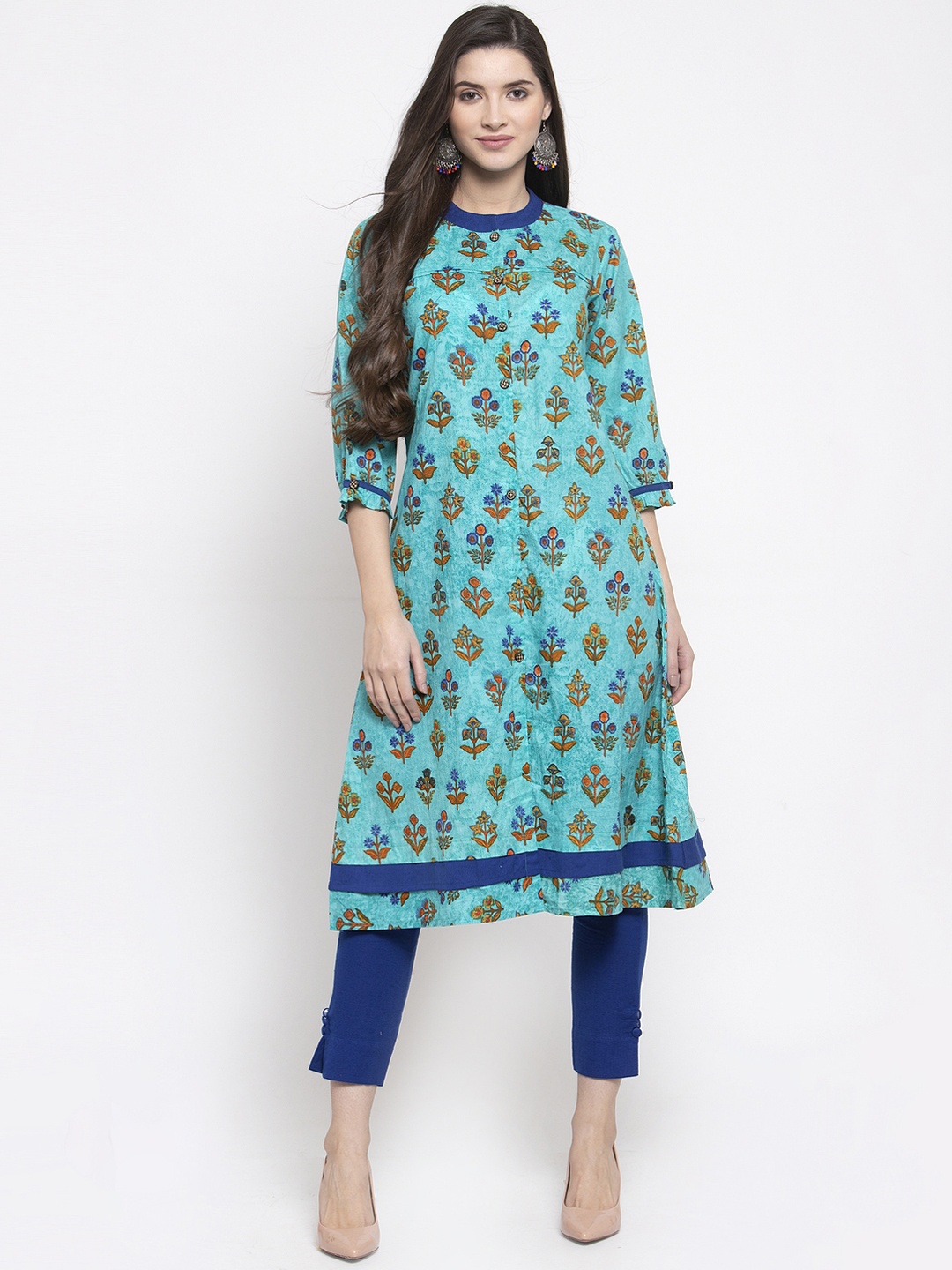 

Indibelle Women Blue Block Printed A-Line Kurta