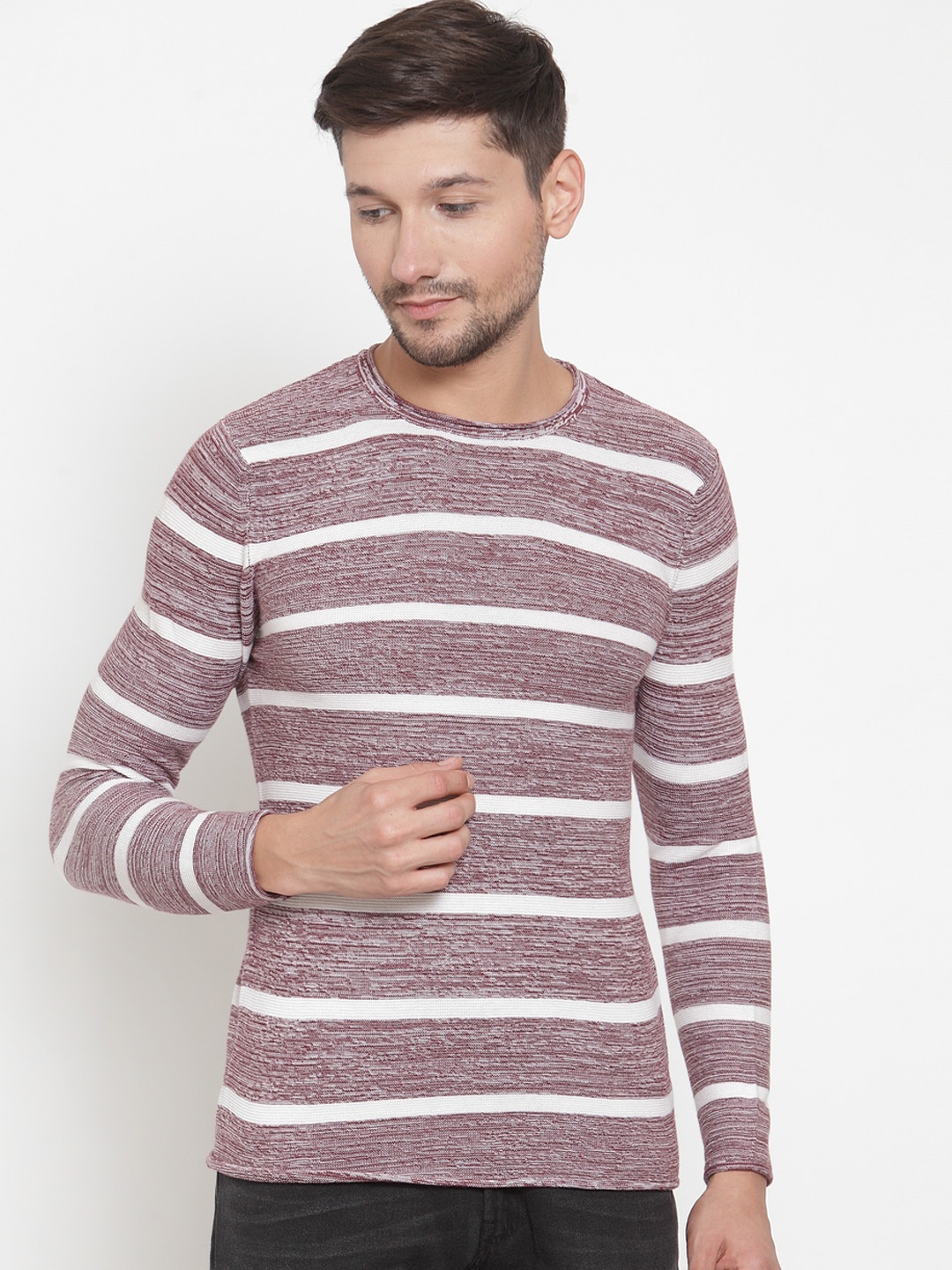 

KLOTTHE Men Burgundy & White Striped Pullover Sweater