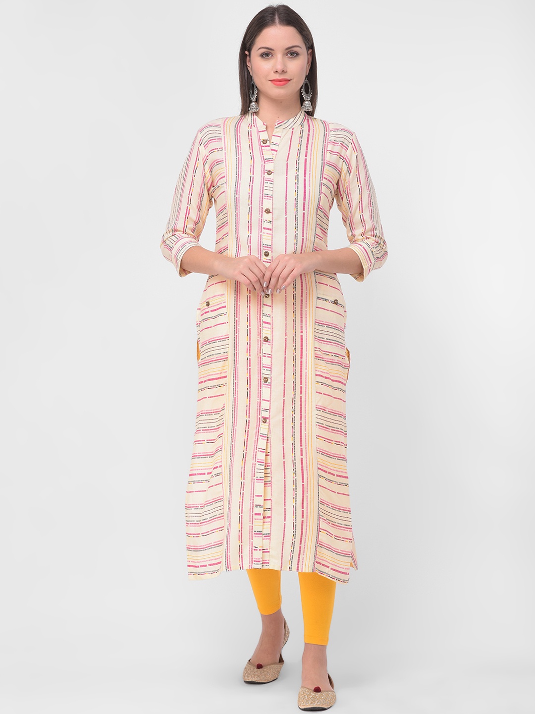 

aayusika Women Off-White & Pink Striped Straight Kurta