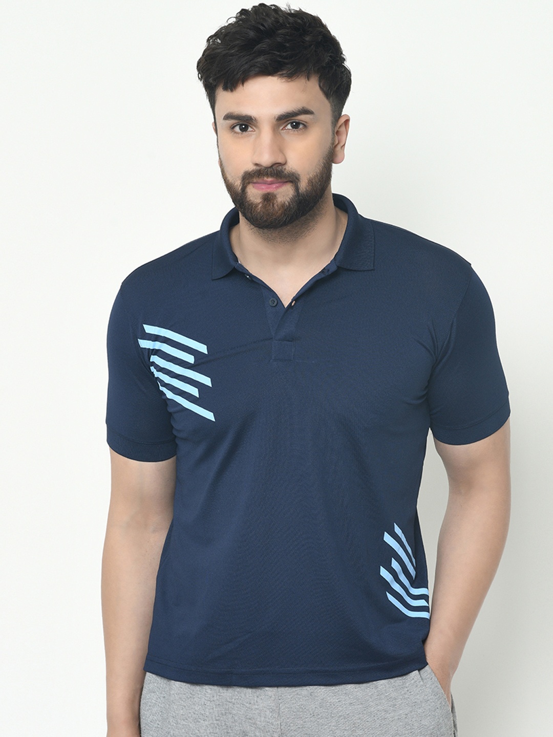 ARMISTO Men Blue Striped Polo Collar Dri-FIT T-shirt