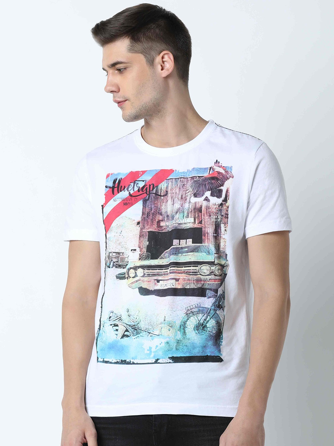 Huetrap Men White & Blue Printed Round Neck T-shirt