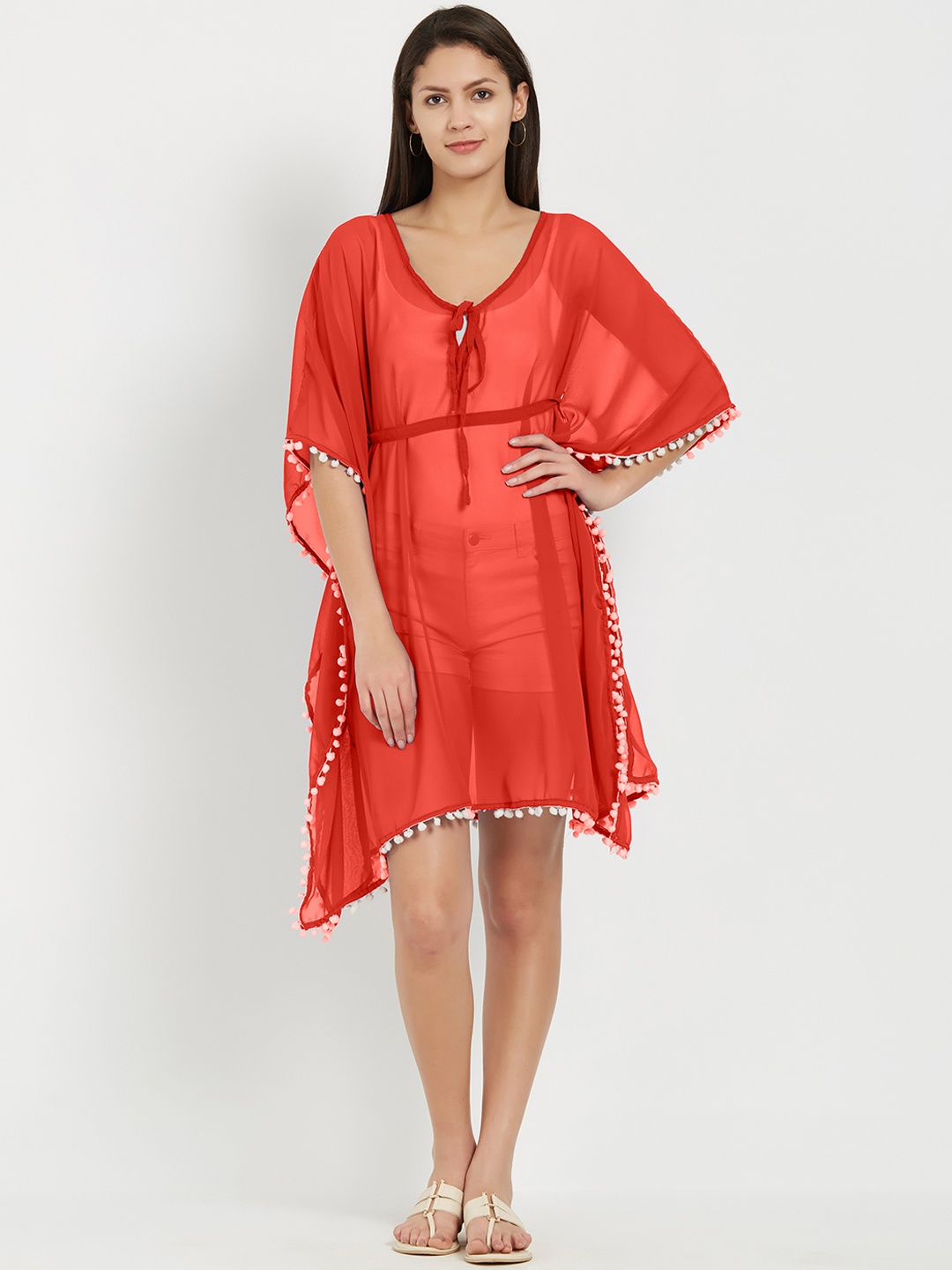 

MIRCHI FASHION Women Orange Solid Swimwear Cover Up Kaftan Dress