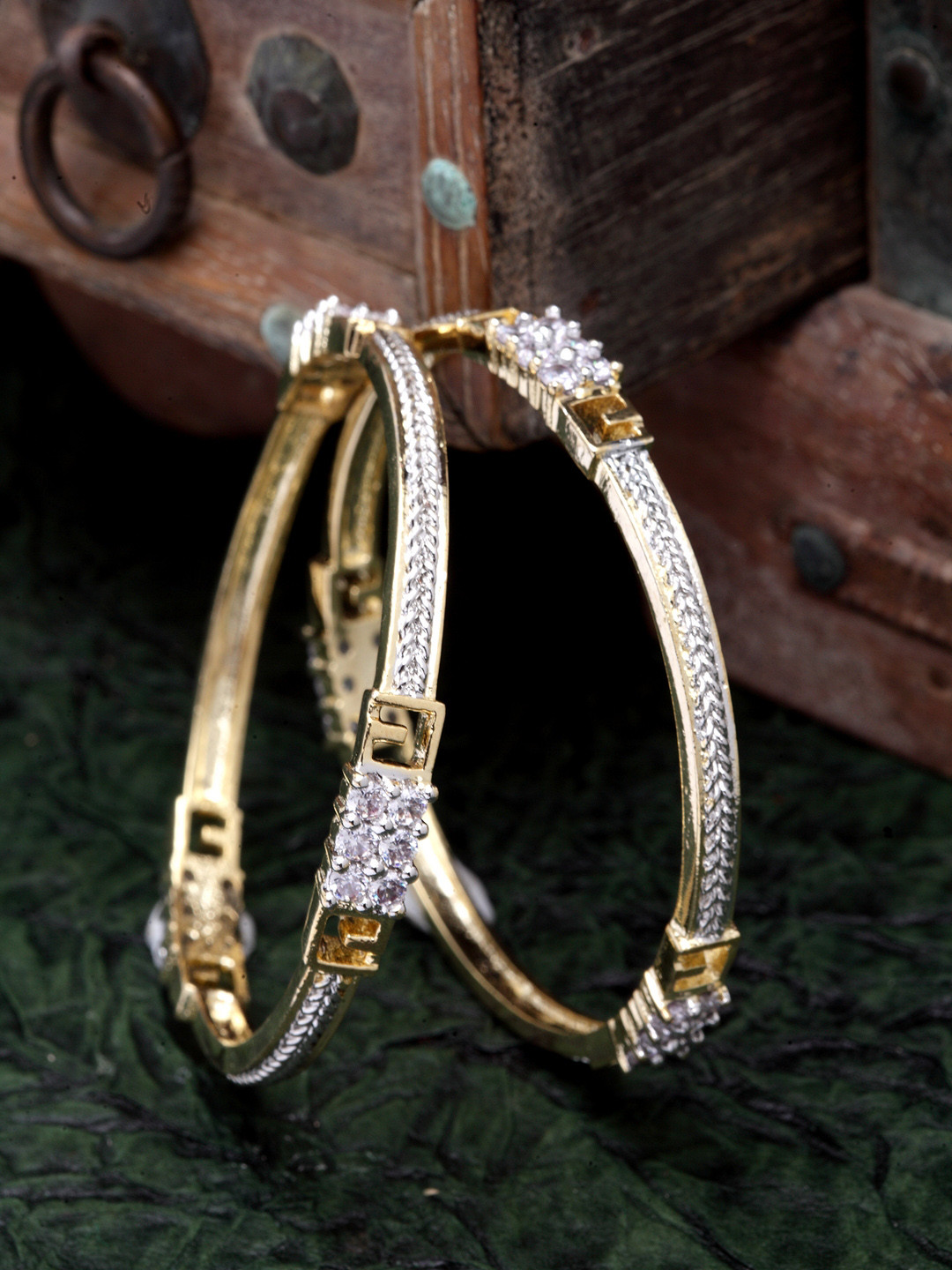 

DUGRISTYLE Set of 2 Sterling Silver Gold-Plated & White AD-Studded Handcrafted Bangles