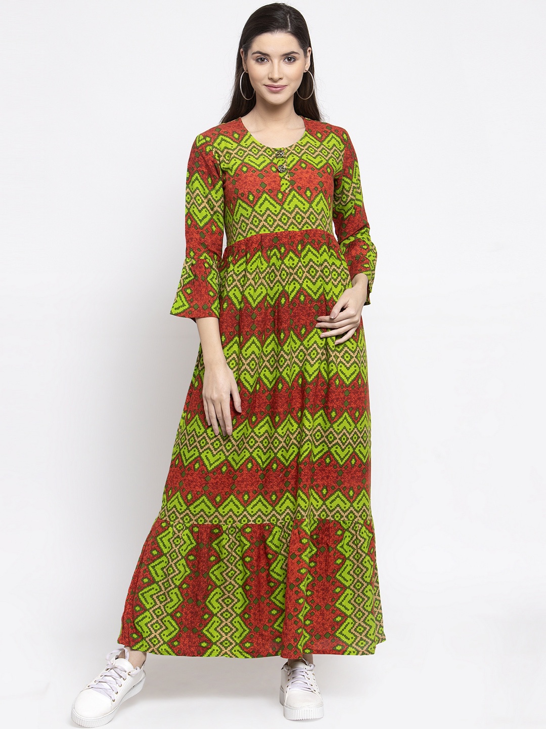 

Indibelle Women Green & Brown Printed A-Line Kurta