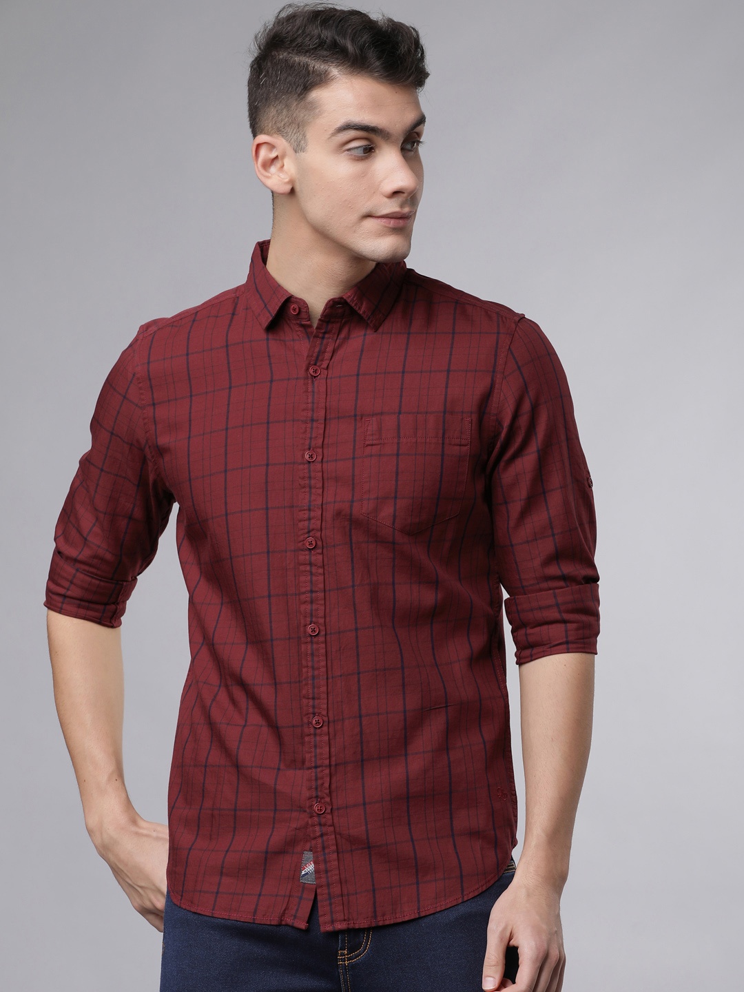 

LOCOMOTIVE Men Rust Red & Navy Blue Slim Fit Checked Casual Shirt