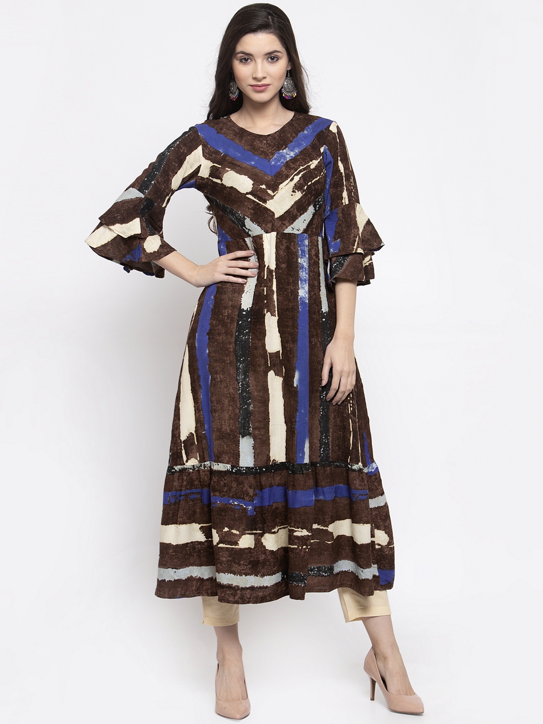 

Indibelle Women Brown & Blue Striped A-Line Kurta