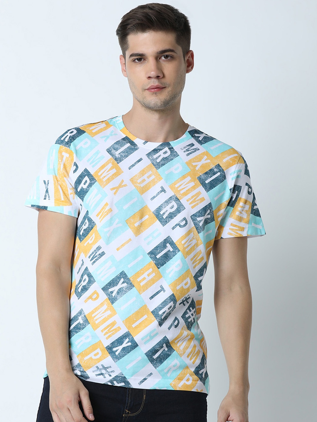 

Huetrap Men Sea Green & Yellow Printed Round Neck T-shirt