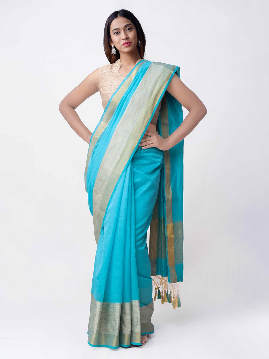 

Unnati Silks Blue Jute Cotton Woven Design Chanderi Saree
