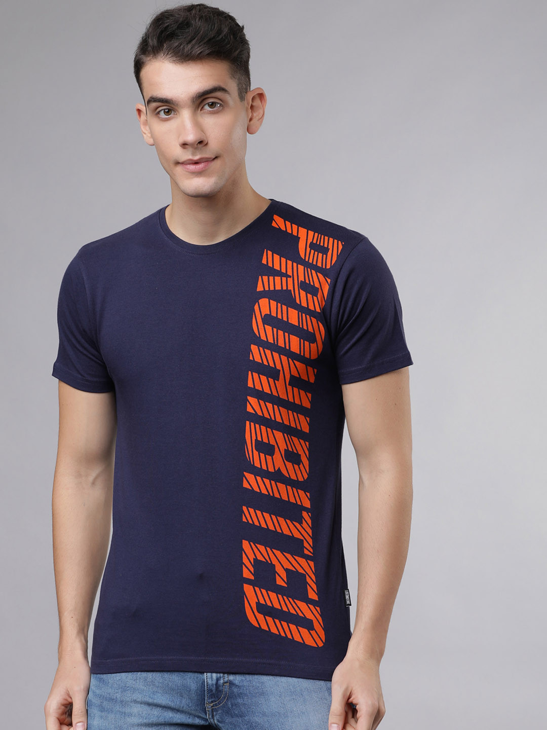 

LOCOMOTIVE Men Navy Blue & Orange Printed Round Neck T-shirt