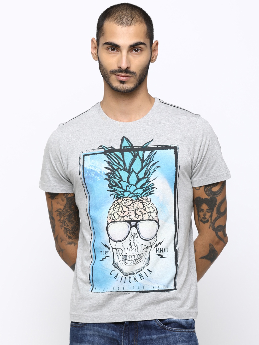 

Huetrap Men Grey Printed Round Neck T-shirt