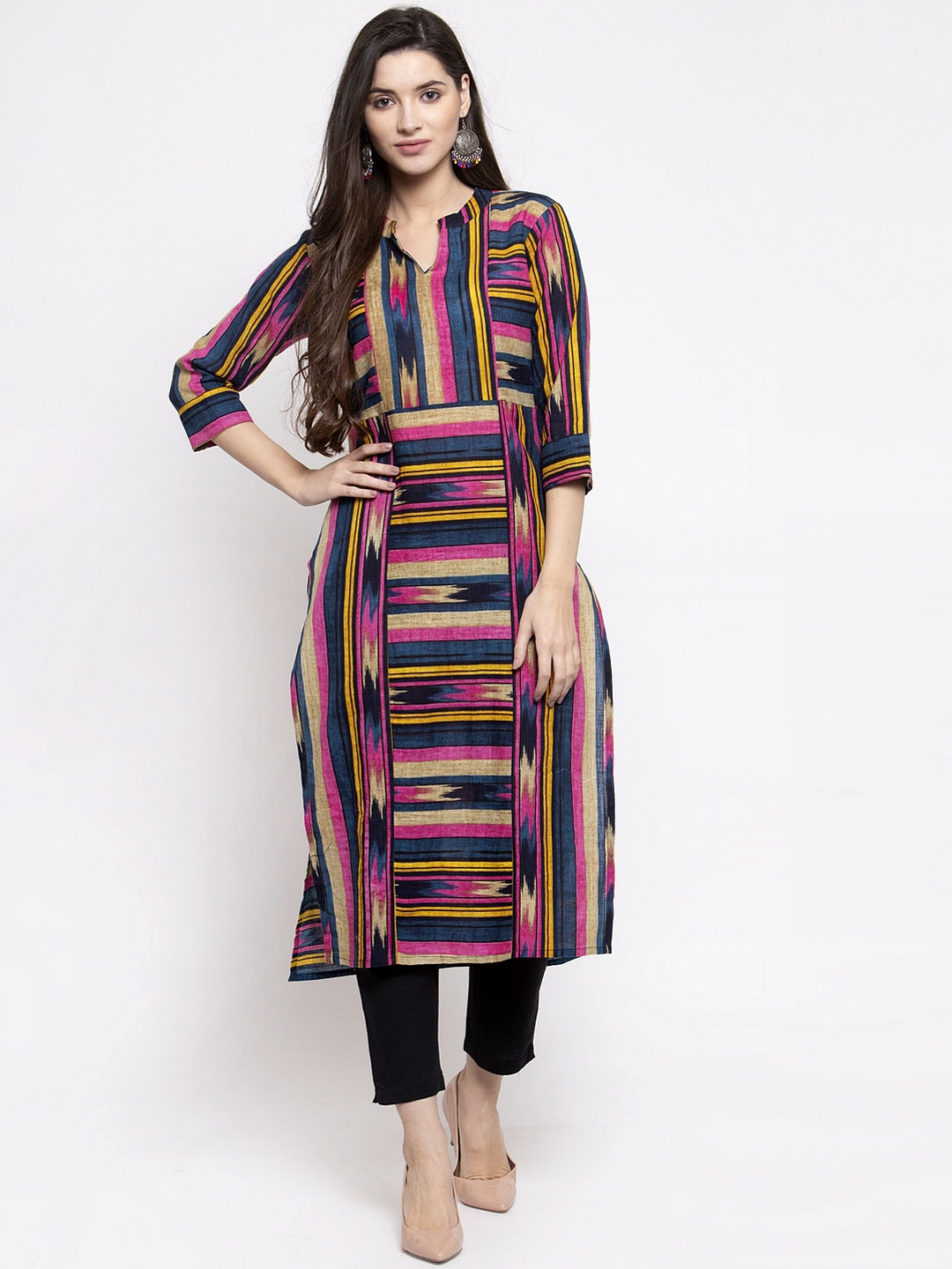 

Indibelle Women Pink & Blue Striped Straight Kurta