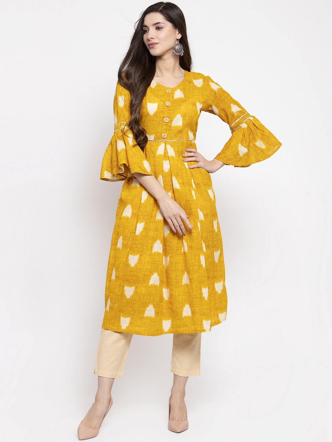 

Indibelle Women Yellow & White Printed A-Line Kurta