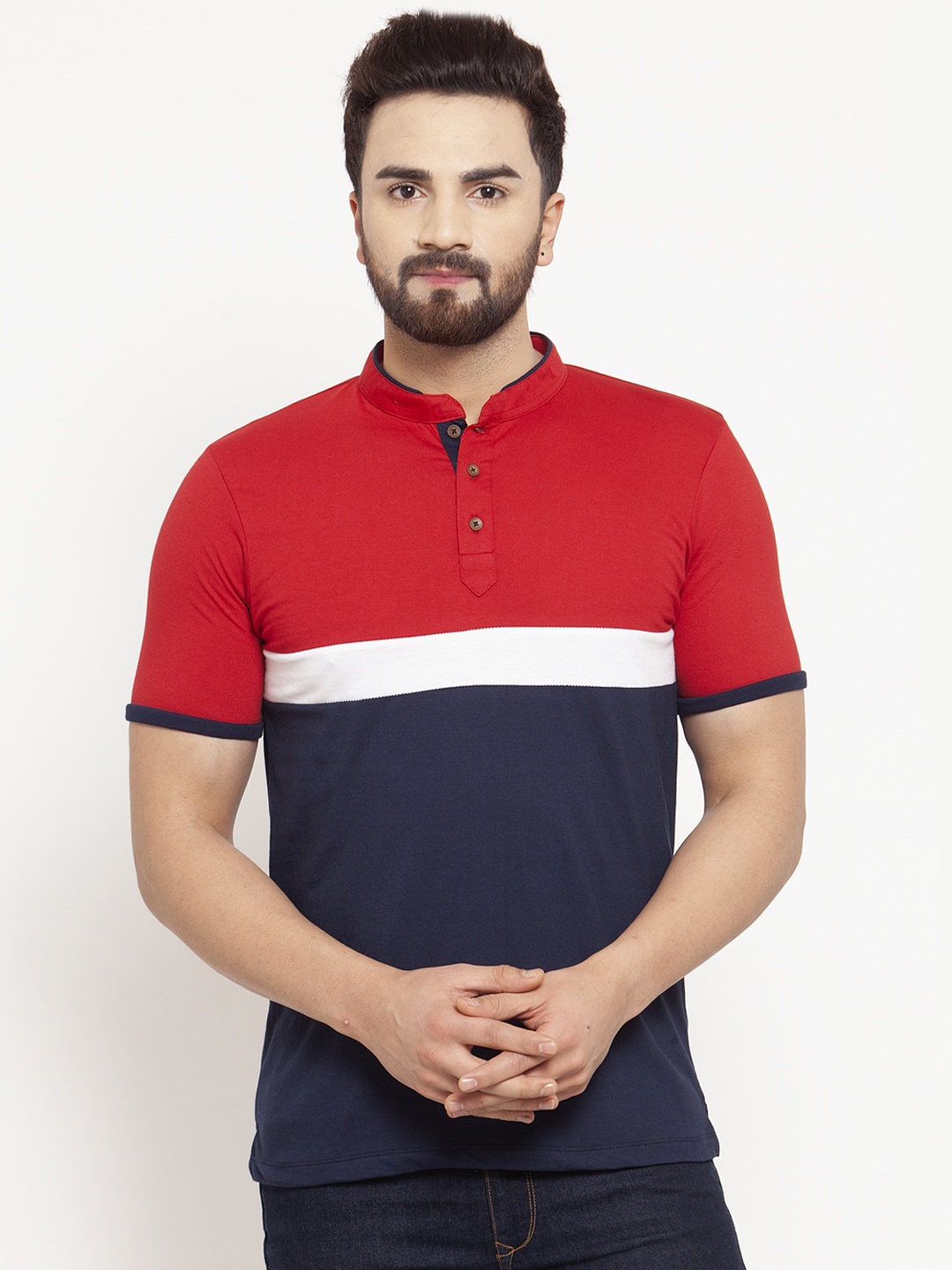 Kalt Men Navy Blue Colourblocked Mandarin Collar T-shirt