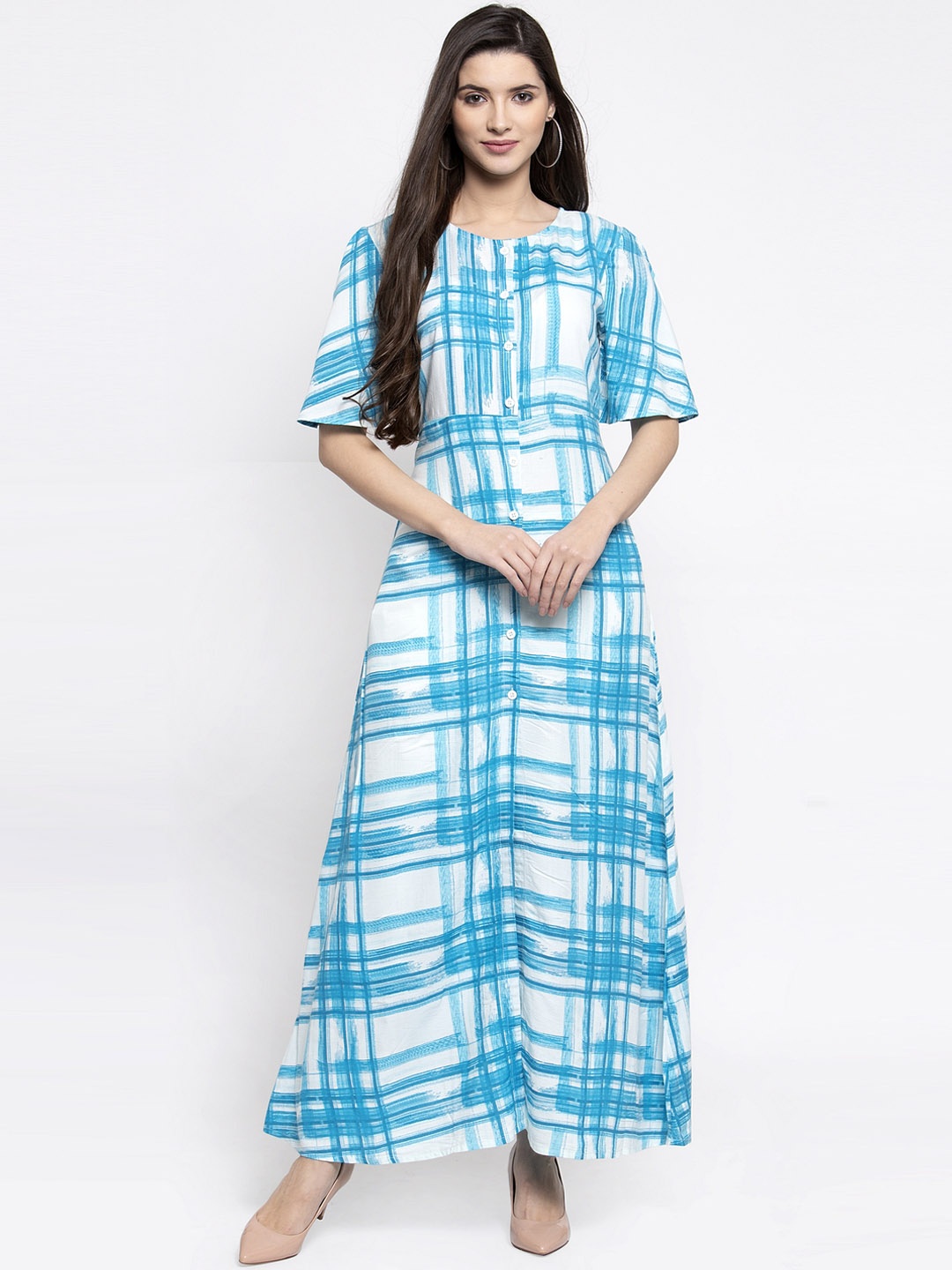 

Indibelle Women Blue & White Checked A-Line Kurta