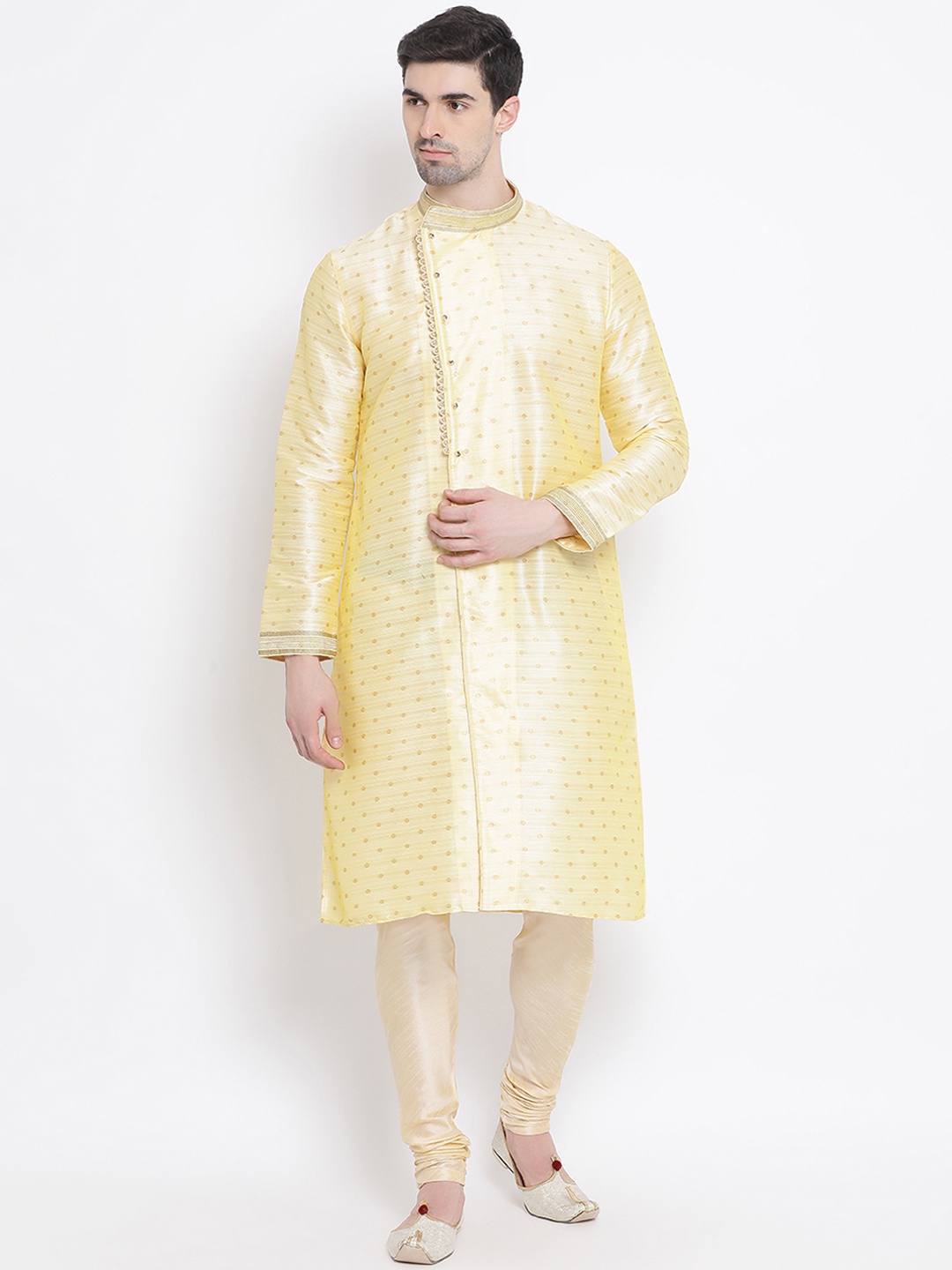 

Sanwara Men Yellow & Gold-Coloured Self Design Kurta with Churidar