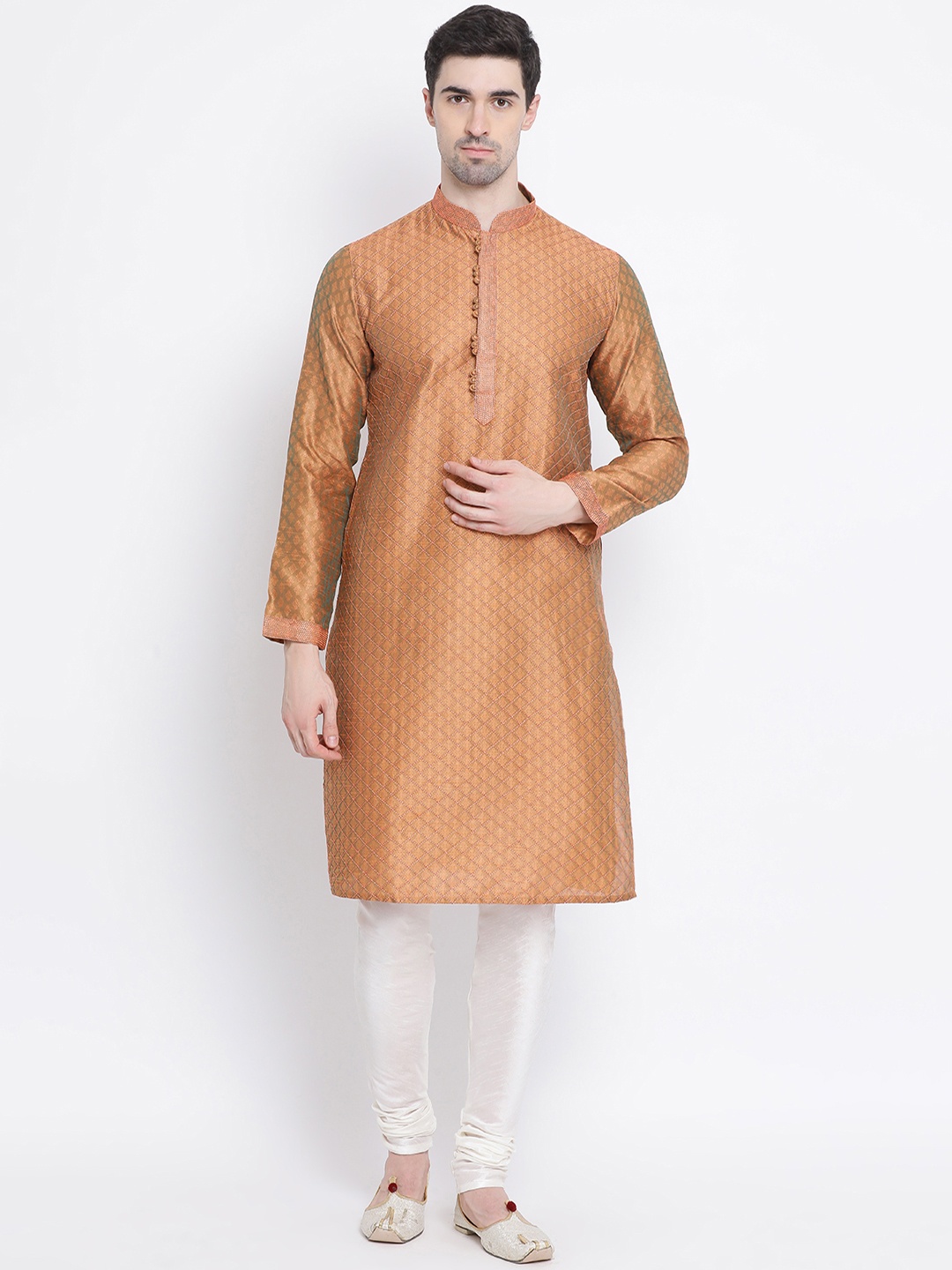 

Sanwara Men Rust & White Self Design Kurta with Churidar