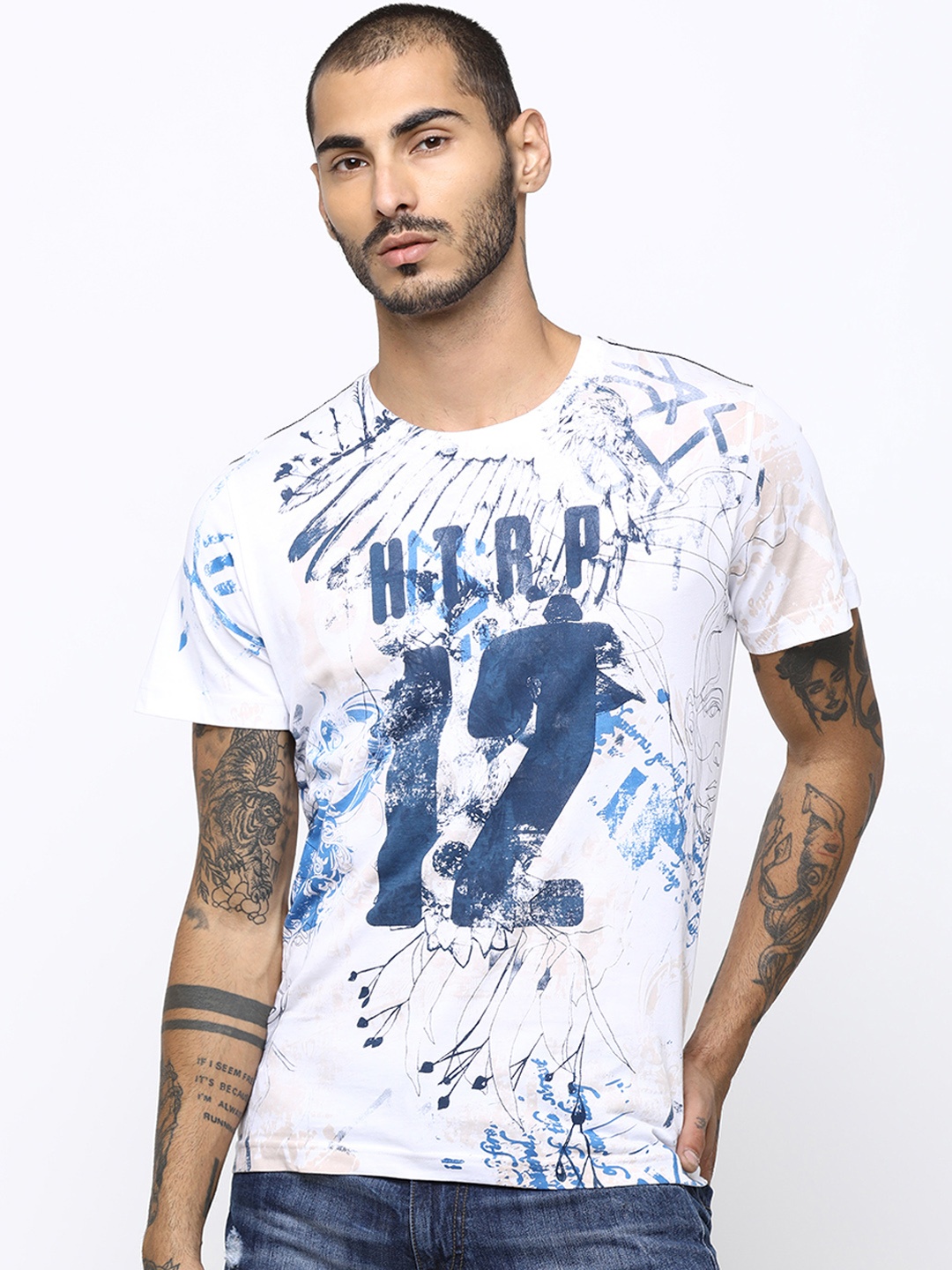 

Huetrap Men White & Blue Printed Round Neck T-shirt
