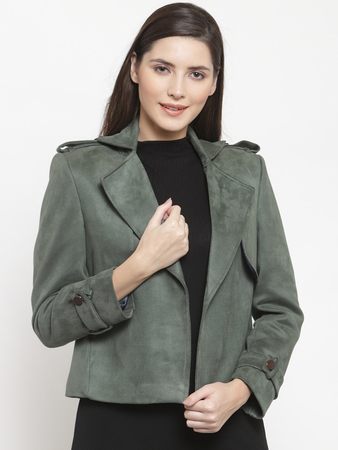 

AUDSTRO Women Olive Green Solid Open Front Suede Jacket