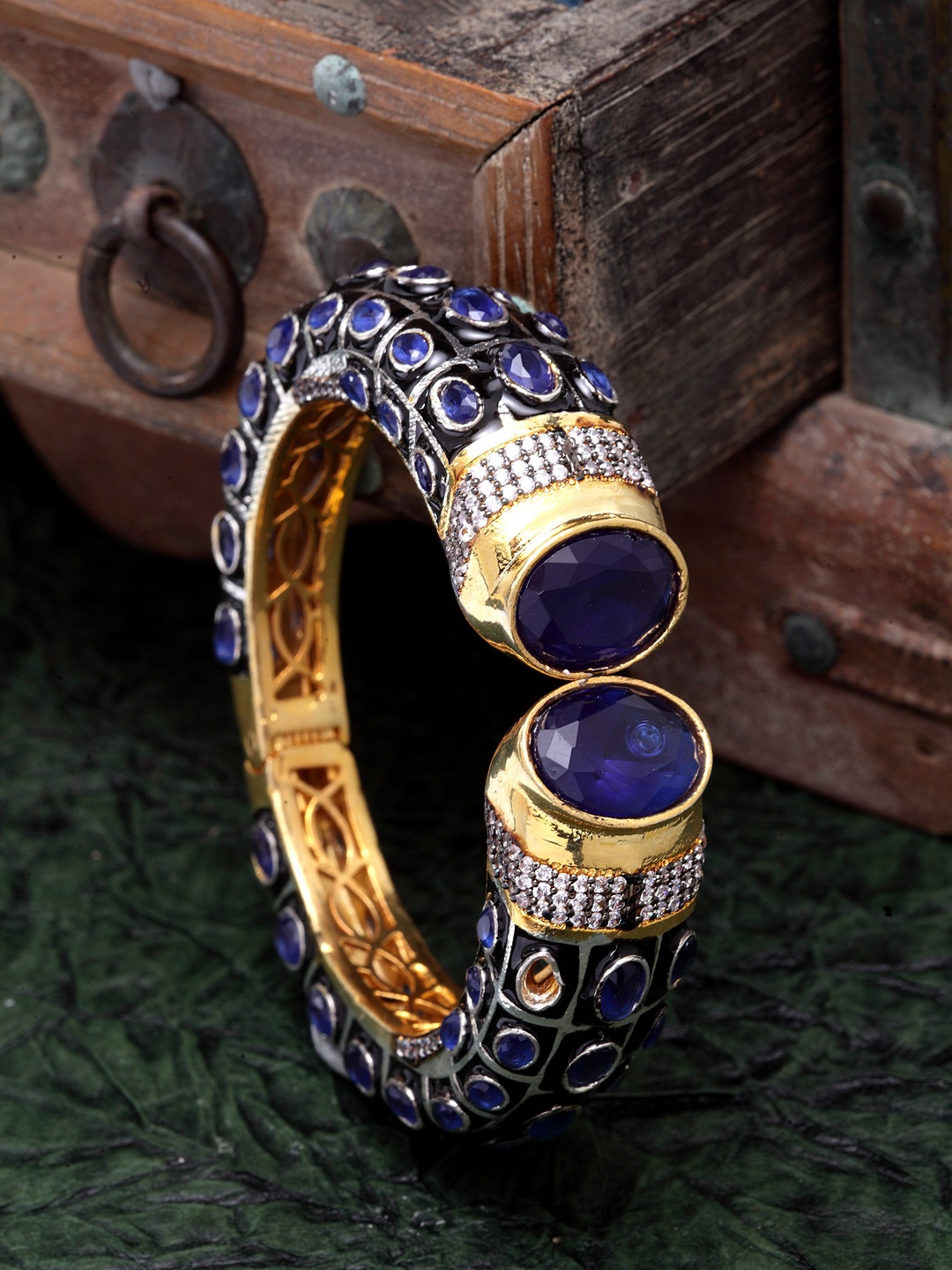 

DUGRISTYLE Blue Sterling Silver Gold-Plated Blue Sapphire Embellished Cuff Bracelet
