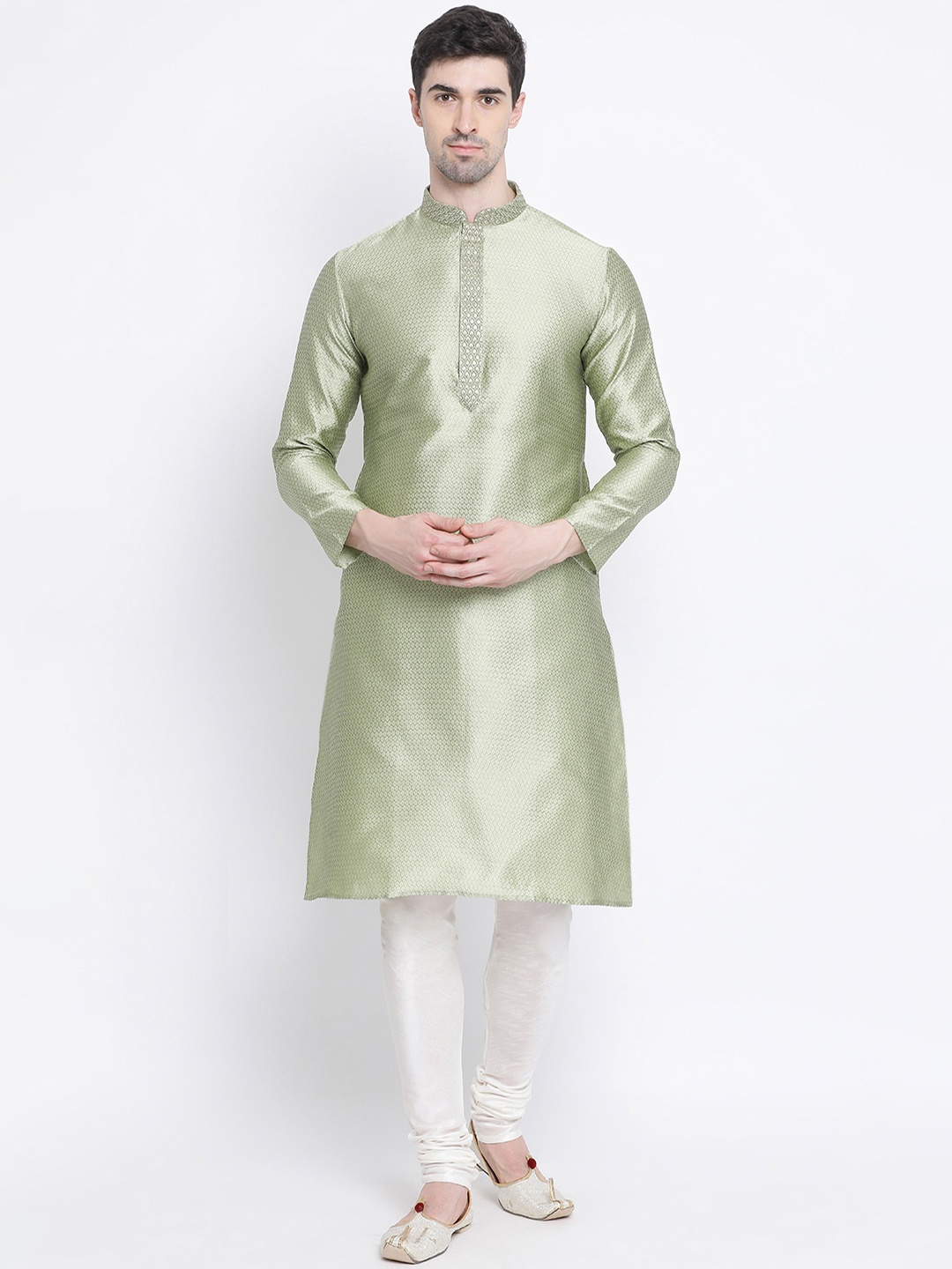 

Sanwara Men Green & White Self Design Kurta with Churidar