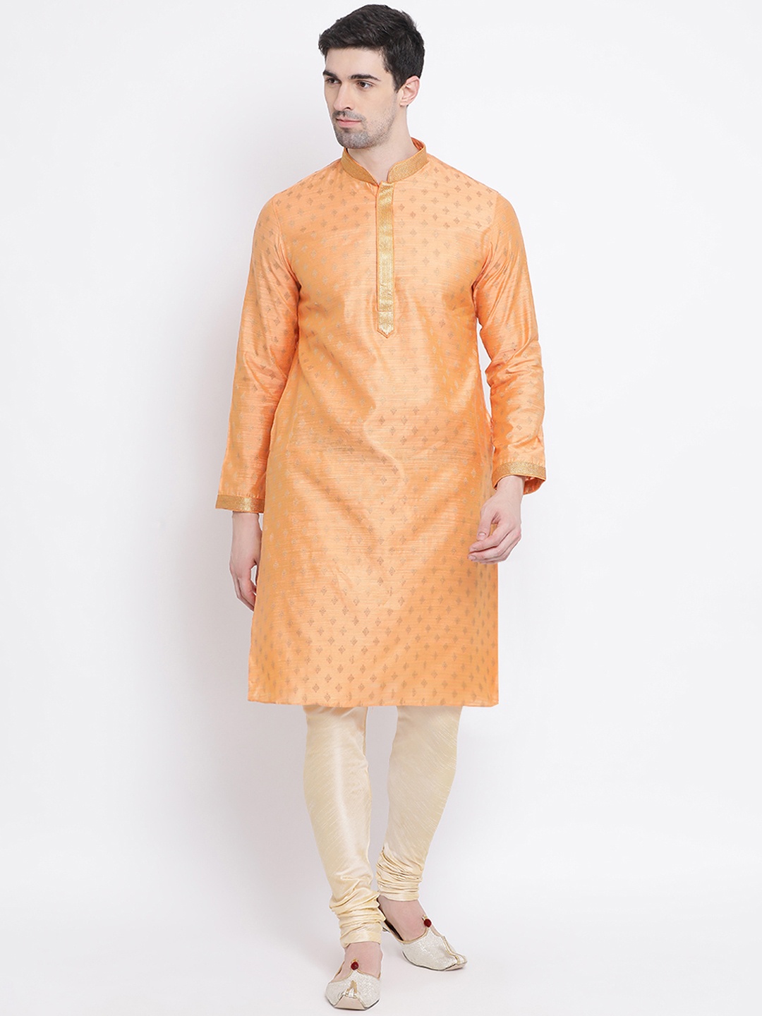 

Sanwara Men Orange & Gold-Coloured Self Design Kurta with Churidar