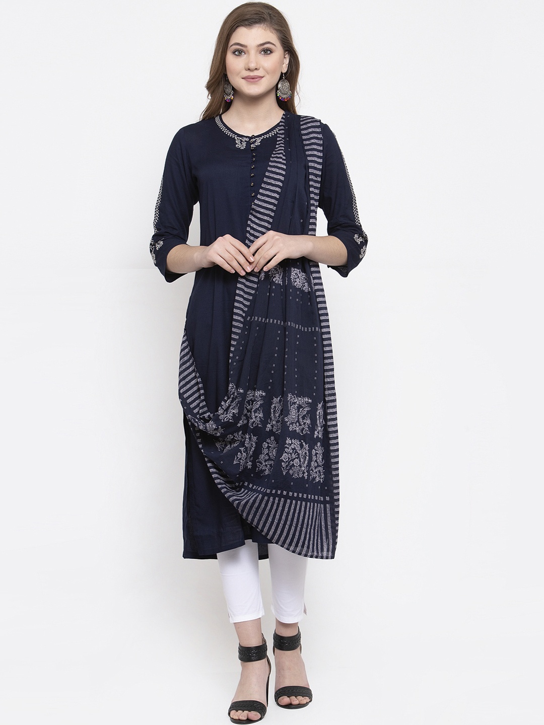 

ANAISA Women Navy Blue Embroidered Kurta with Trousers & Dupatta