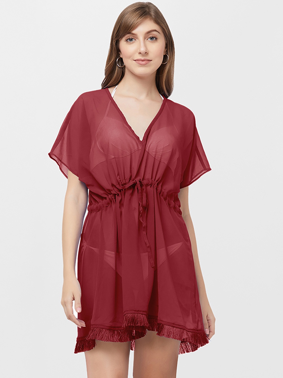 MIRCHI FASHION Women Maroon Solid Swimwear Cover Up Kaftan Dress