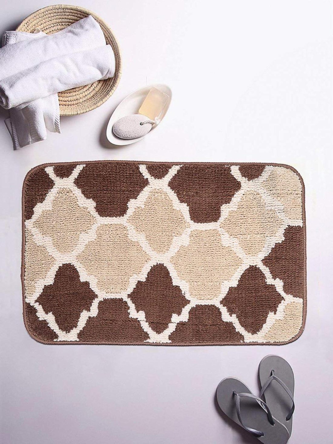 

ROMEE Brown & Beige Printed Microfiber Bath Rug