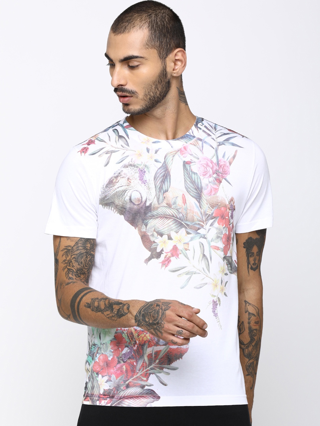 

Huetrap Men White & Grey Printed Round Neck T-shirt