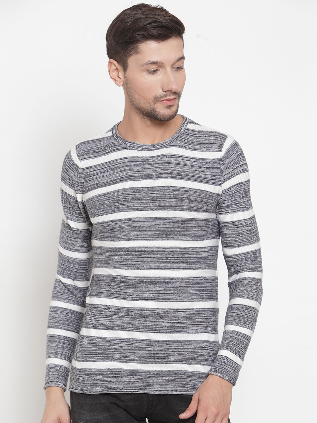 

KLOTTHE Men Grey & White Striped Pullover Sweater