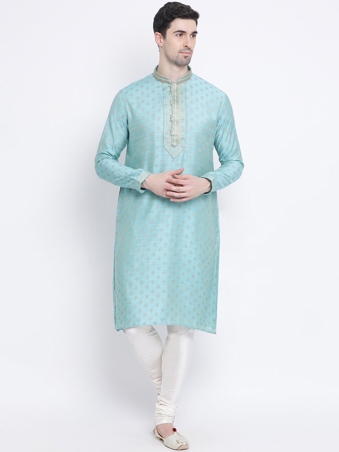 

Sanwara Men Blue & White Self Design Kurta with Churidar