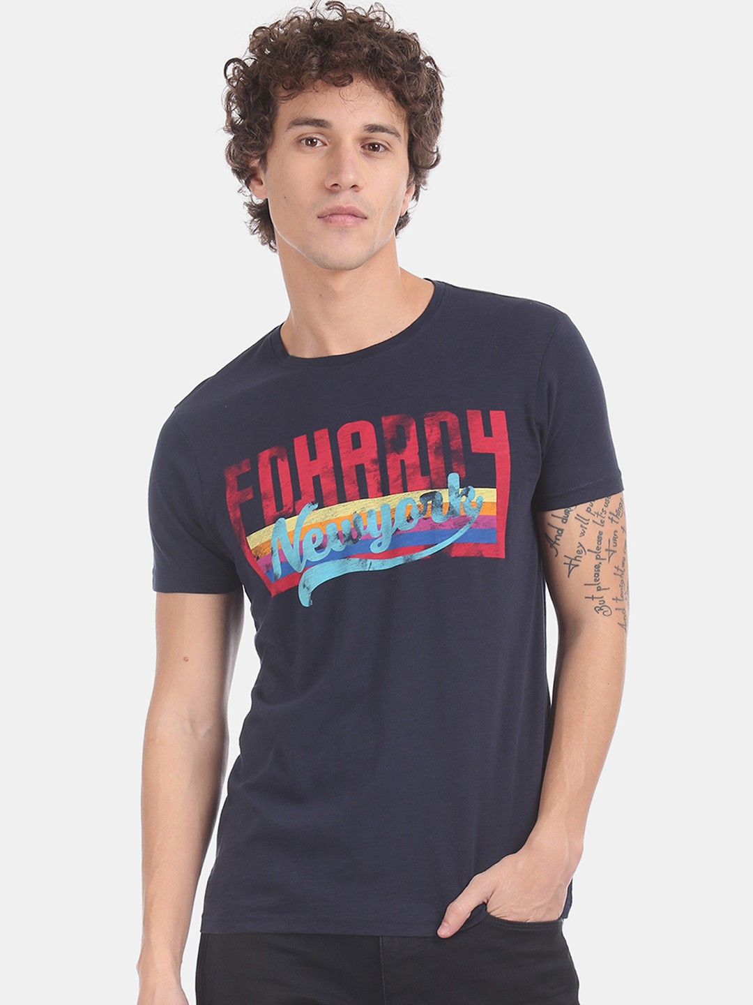 

Ed Hardy Men Blue Red Printed Round Neck Pure Cotton T-shirt