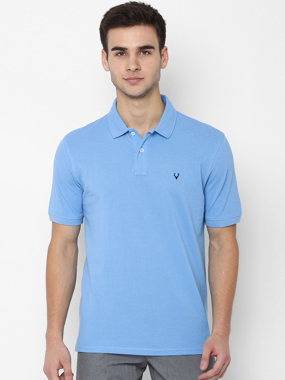 Allen Solly Men Blue Solid Polo Collar Pure Cotton T-shirt