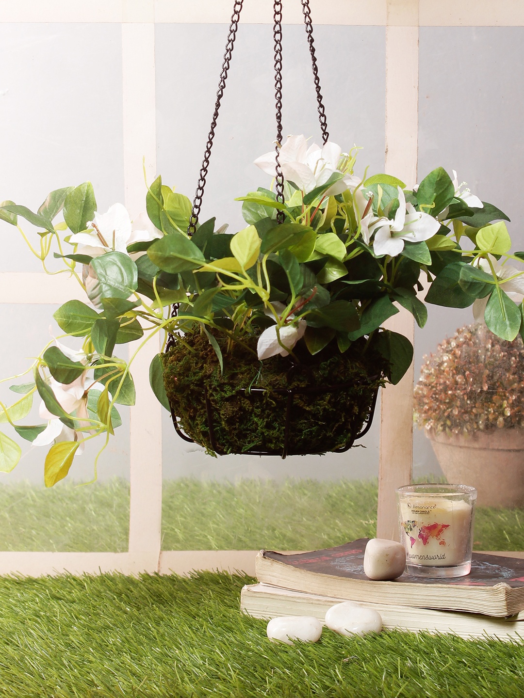 

PolliNation White Artificial Bougainvillea Creeper Plant With Hanging Pot, Green