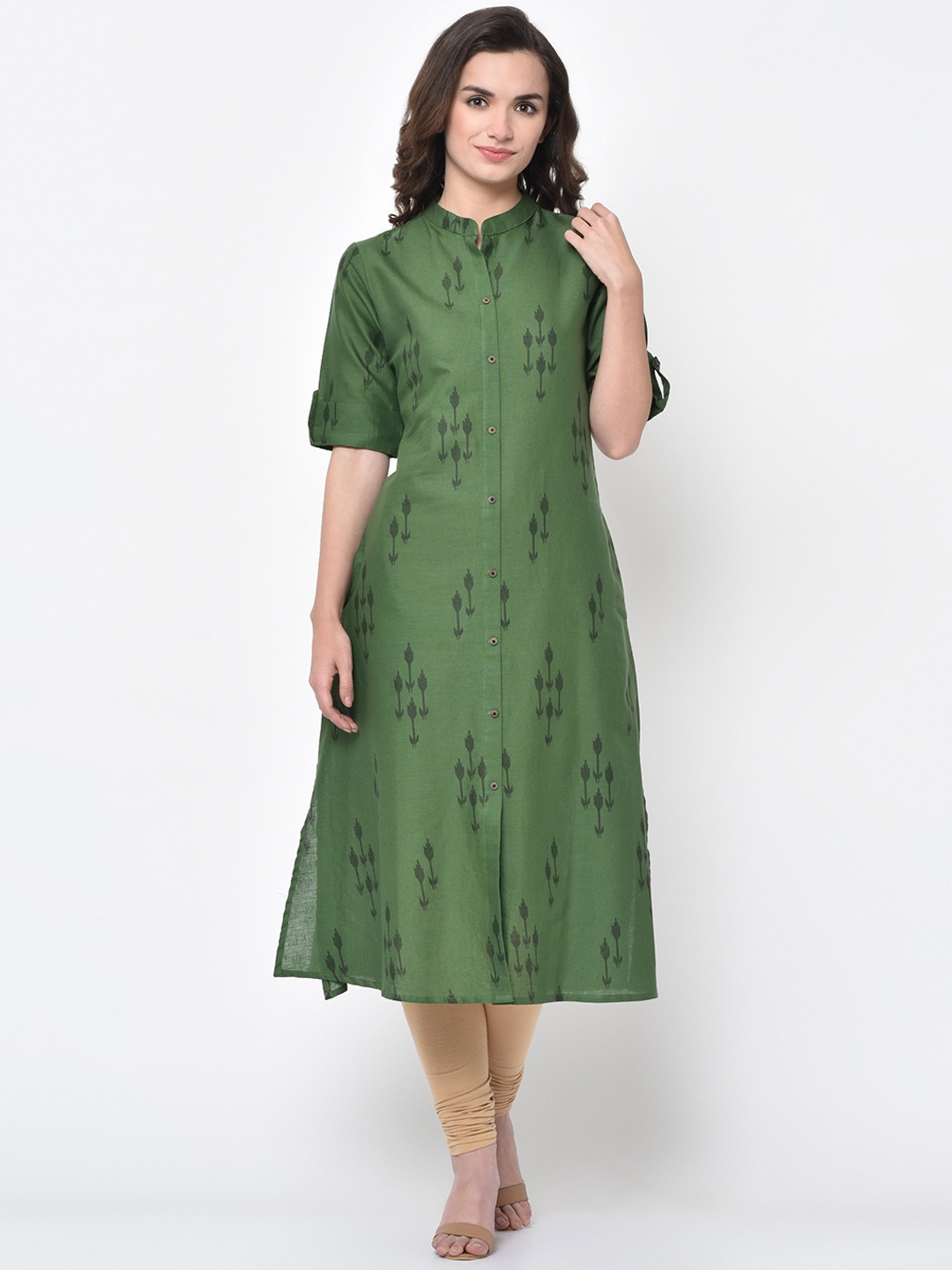 

FLAVIDO Women Green Printed Straight Kurta