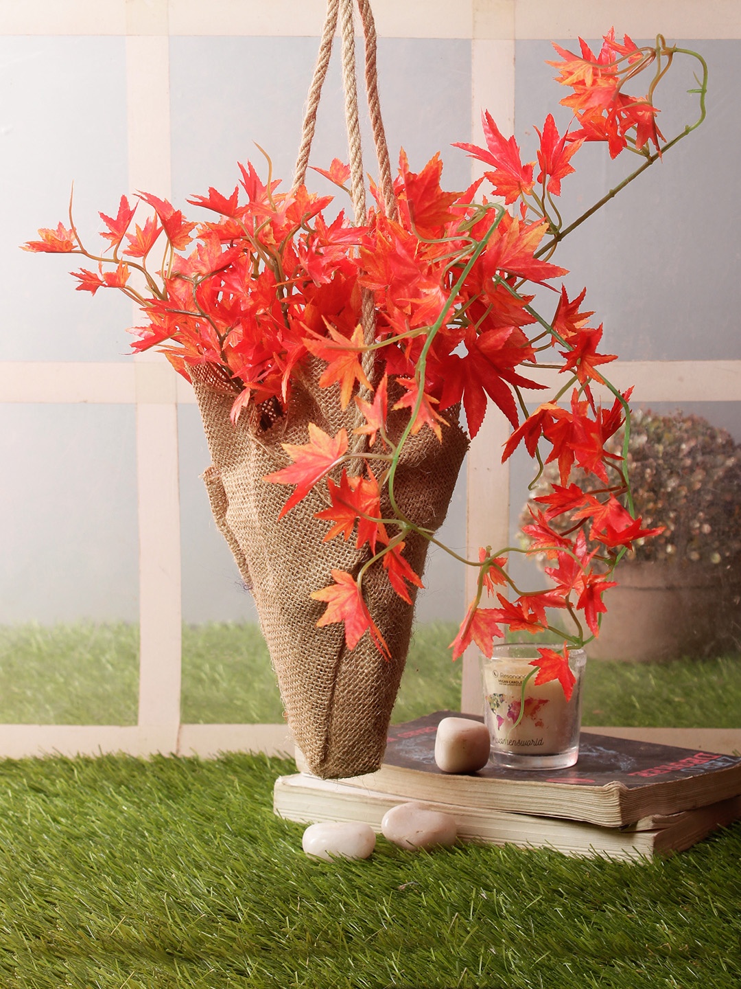 

PolliNation Orange Artificial Maple Creeper Bonsai with Brown Jute Bag