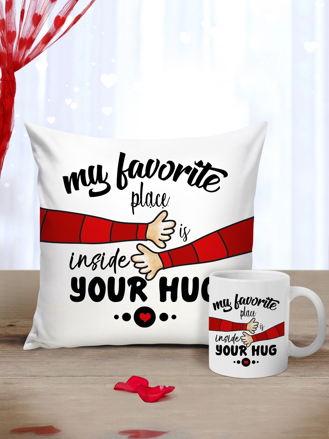 

Tied Ribbons Unisex White & Black Cushion With Coffee Mug