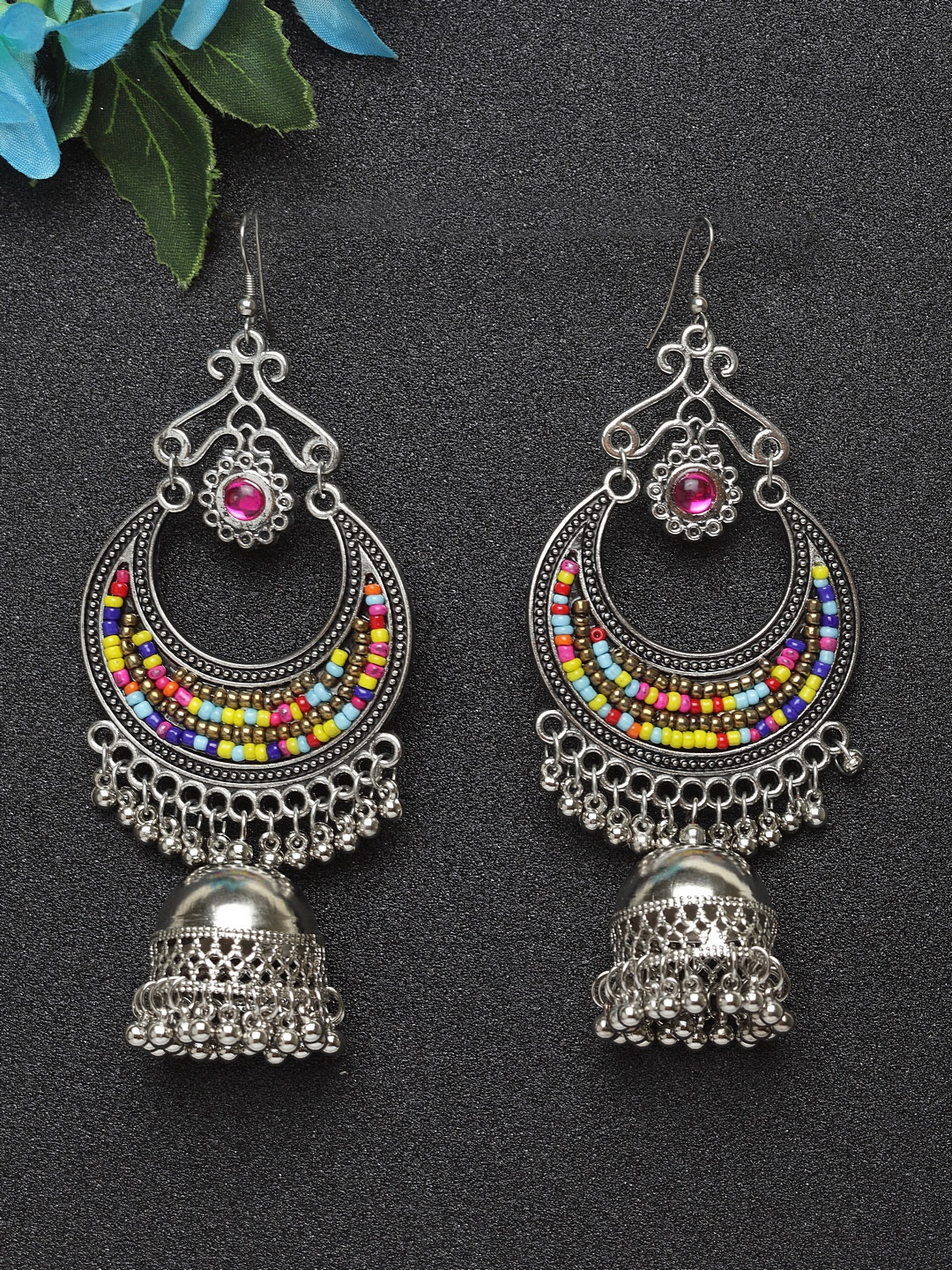 

Moedbuille Silver-Toned Handcrafted Oxidised Crescent Shaped Jhumkas