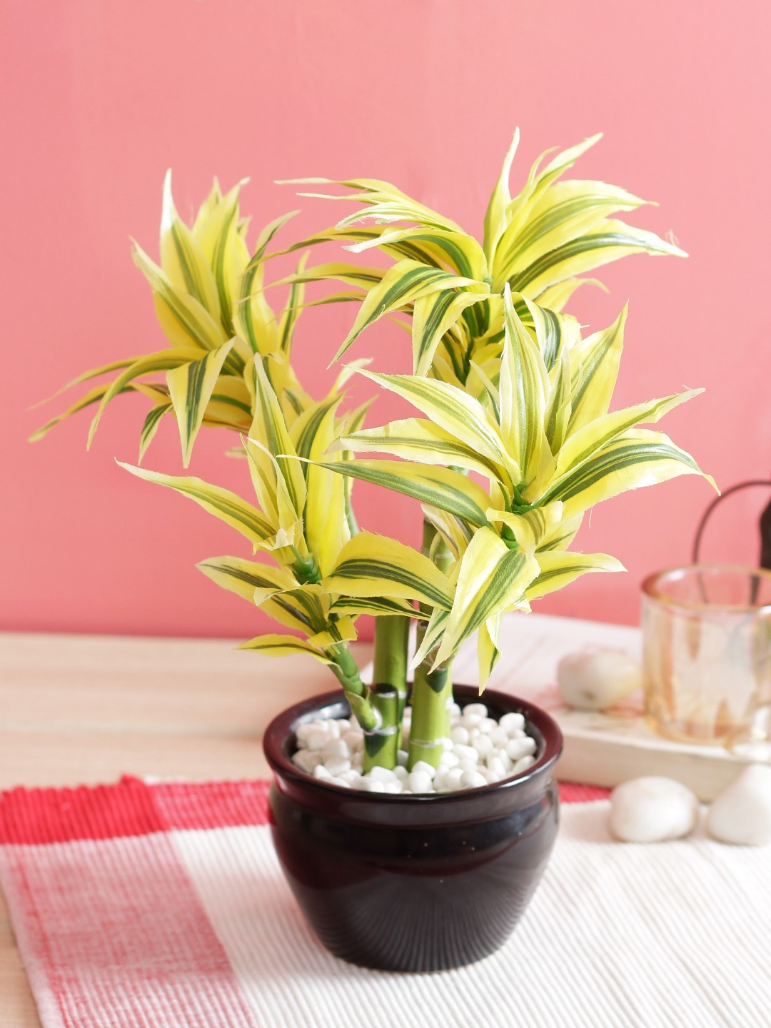 PolliNation Yellow Artificial Dracaena Bonsai Plant With Brown Pot
