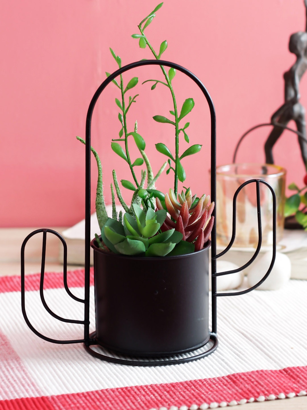 

PolliNation Green Red Artificial Succulent Plant With Black Metal Stand