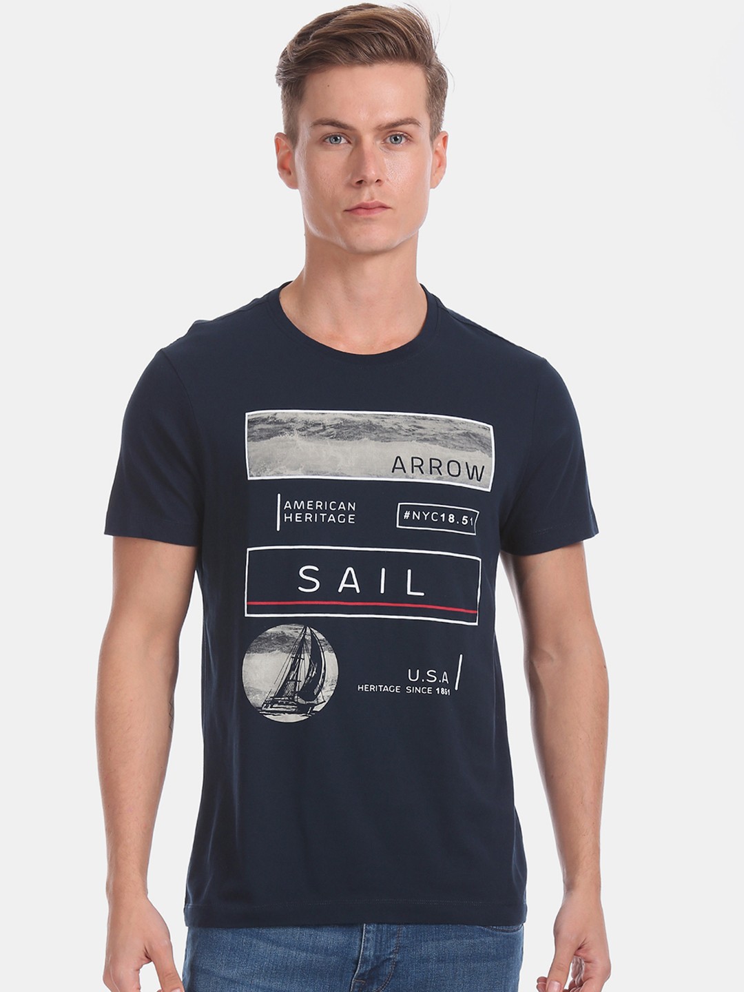 

Arrow Sport Men Navy Blue Printed Round Neck Pure Cotton T-shirt