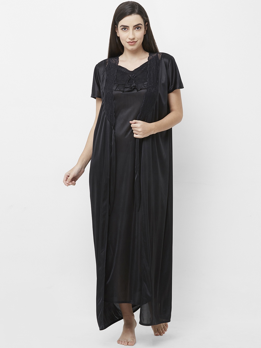 

FashionRack Black Solid Nightdress With Robe F2201