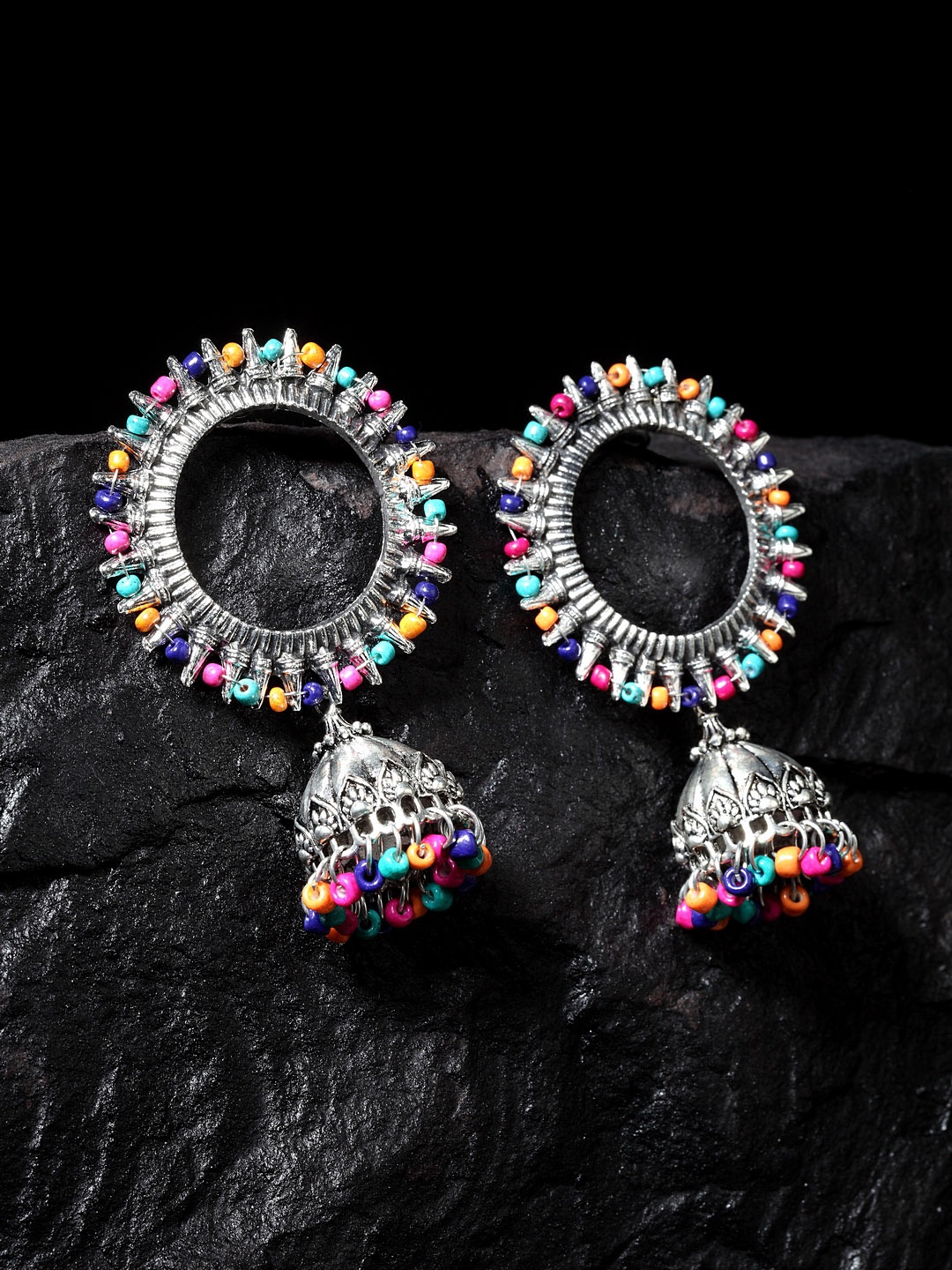 

Moedbuille Silver-Toned Handcrafted Oxidised Dome Shaped Jhumkas