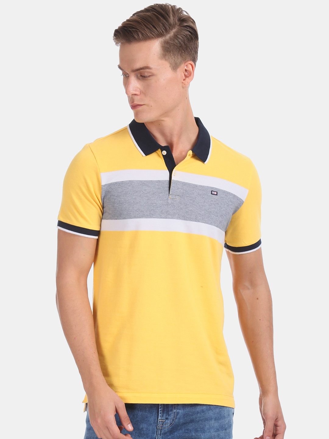 

Arrow Sport Men Yellow Grey Striped Polo Collar Pure Cotton T-shirt